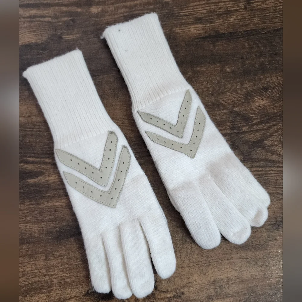 VINTAGE 80s OFF WHITE WOOL GLOVES BEIGE LEATHER TRIM SMALL ELEGANT